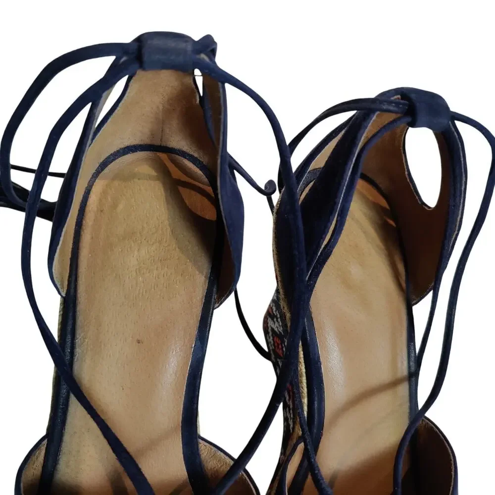 Cabi Women's Sz 8 Isla Navy Orange Espadrille Wedge Suede Sandals Ankle Wrap